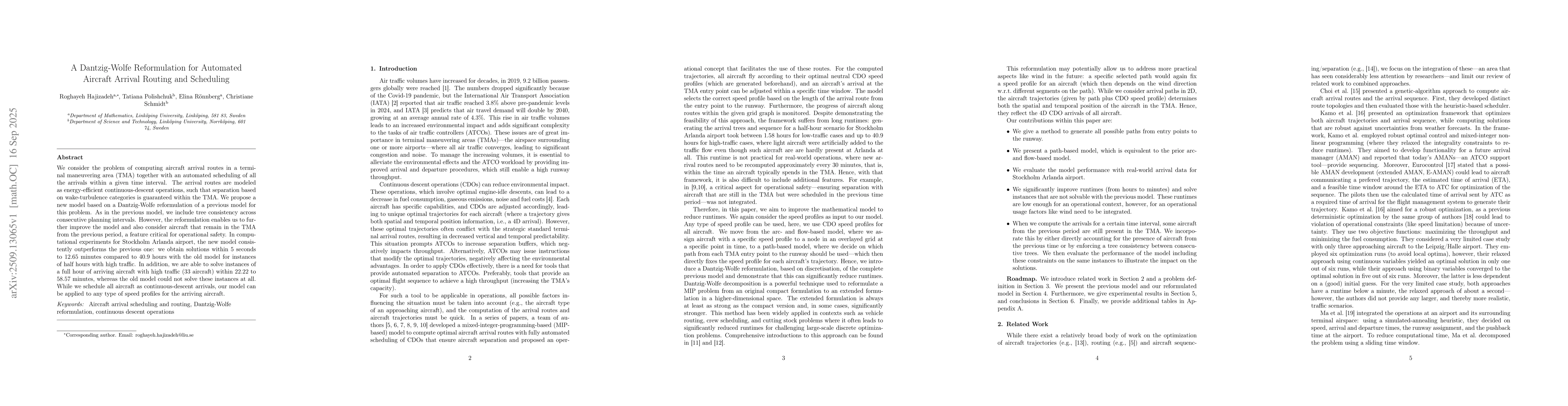 Thumbnail for A Dantzig-Wolfe Reformulation for Automated Aircraft Arrival Routing and
  Scheduling