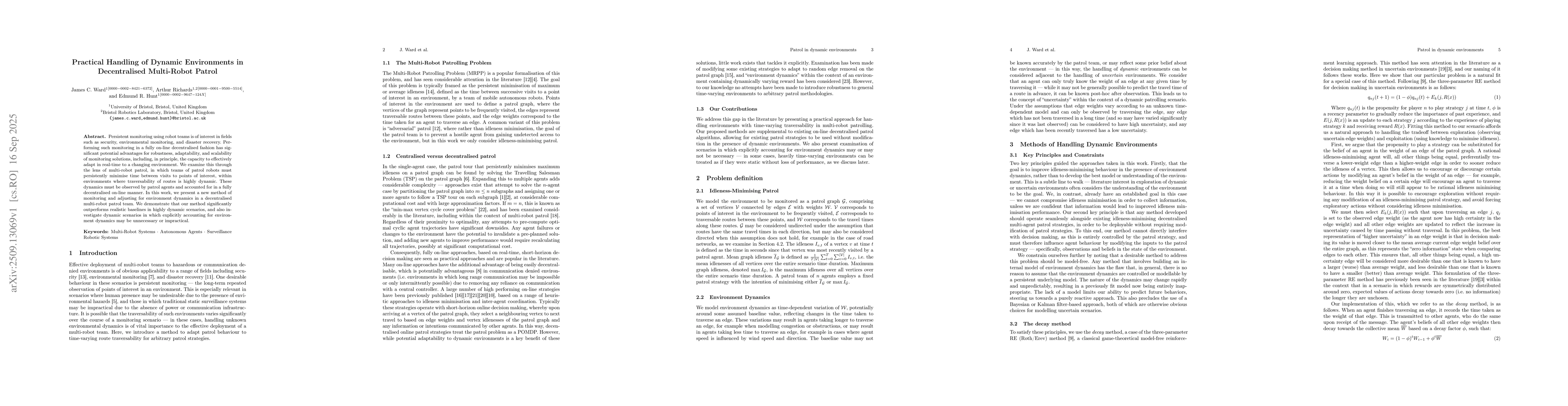 Thumbnail for Practical Handling of Dynamic Environments in Decentralised Multi-Robot
  Patrol