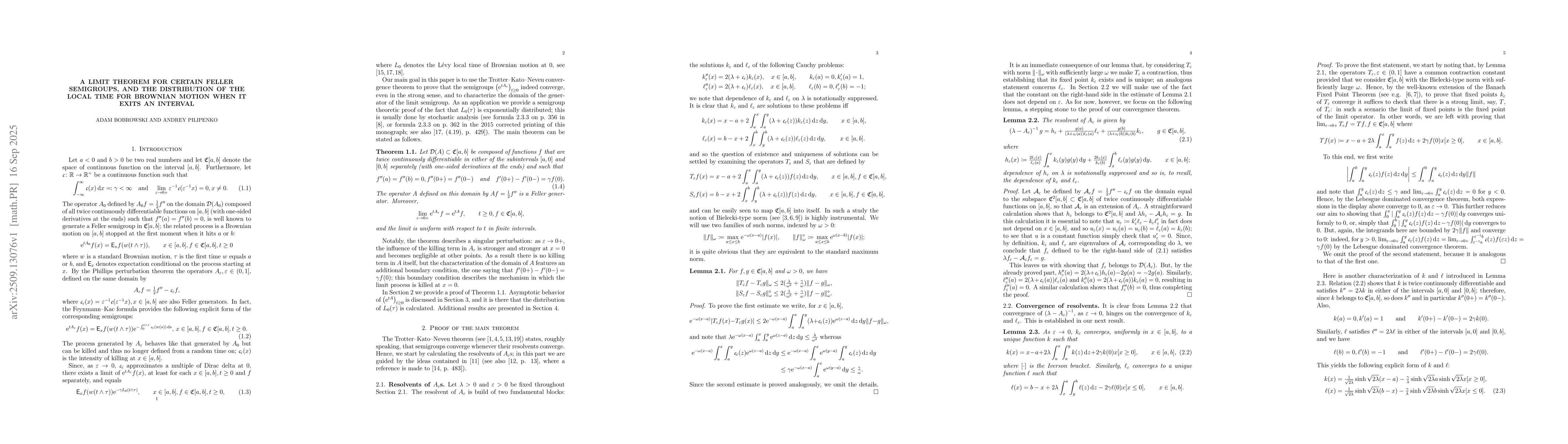 Thumbnail for A limit theorem for certain Feller semigroups, and the distribution of
  the local time for Brownian motion when it exits an interval