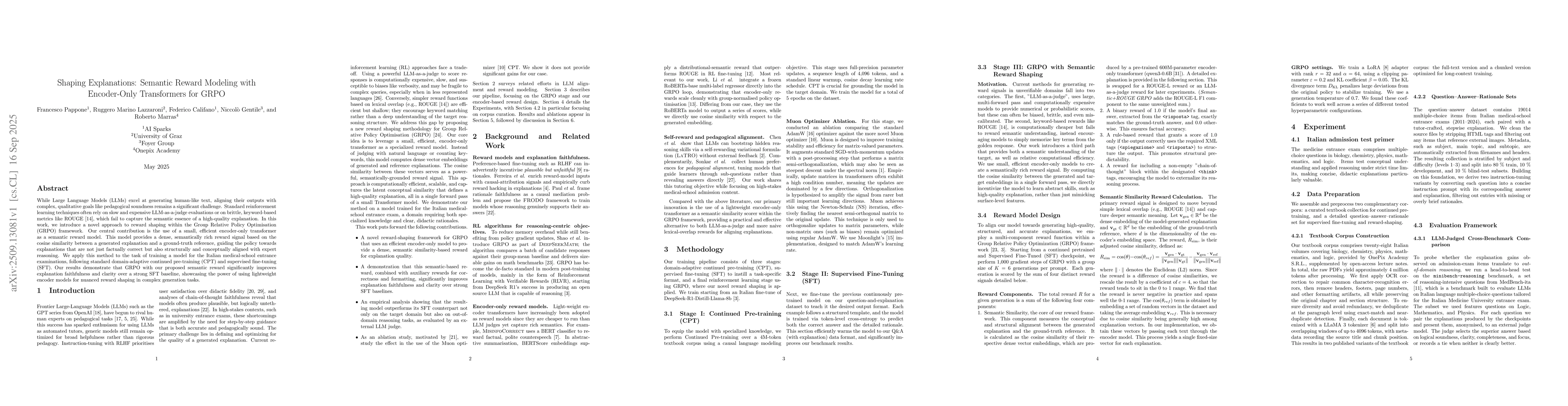 Thumbnail for Shaping Explanations: Semantic Reward Modeling with Encoder-Only
  Transformers for GRPO