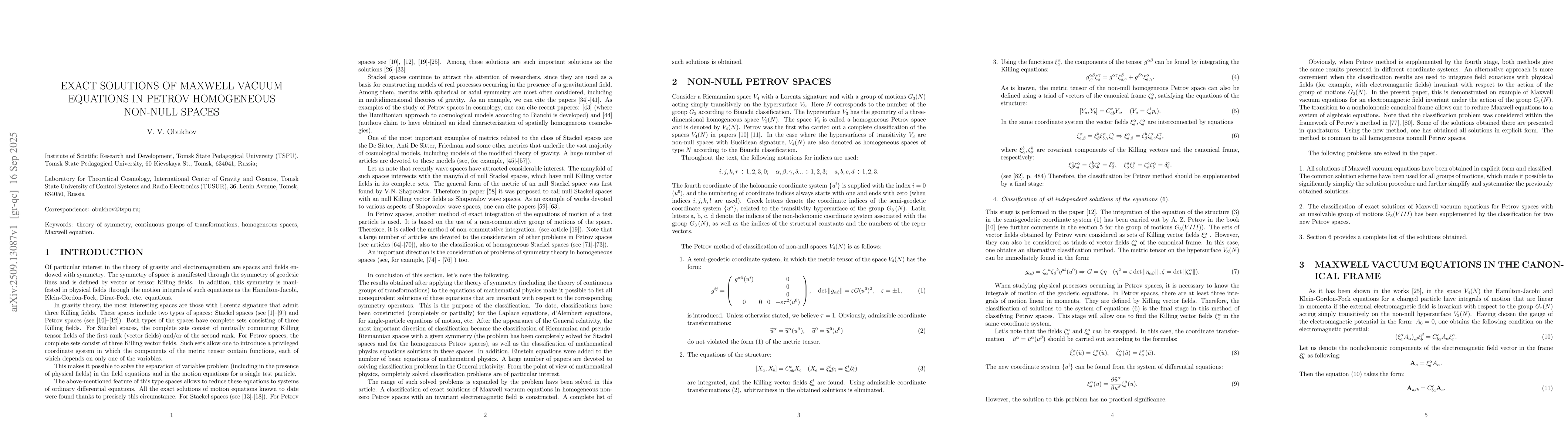 Thumbnail for Exact solutions of Maxwell vacuum equations in Petrov homogeneous
  non-null spaces