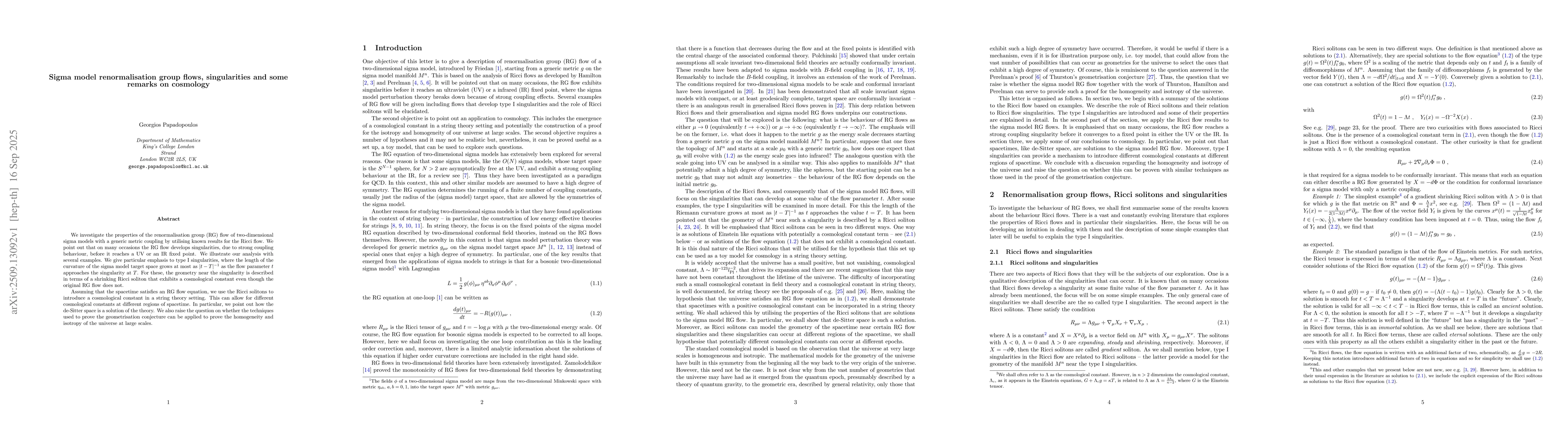 Thumbnail for Sigma model renormalisation group flows, singularities and some remarks
  on cosmology