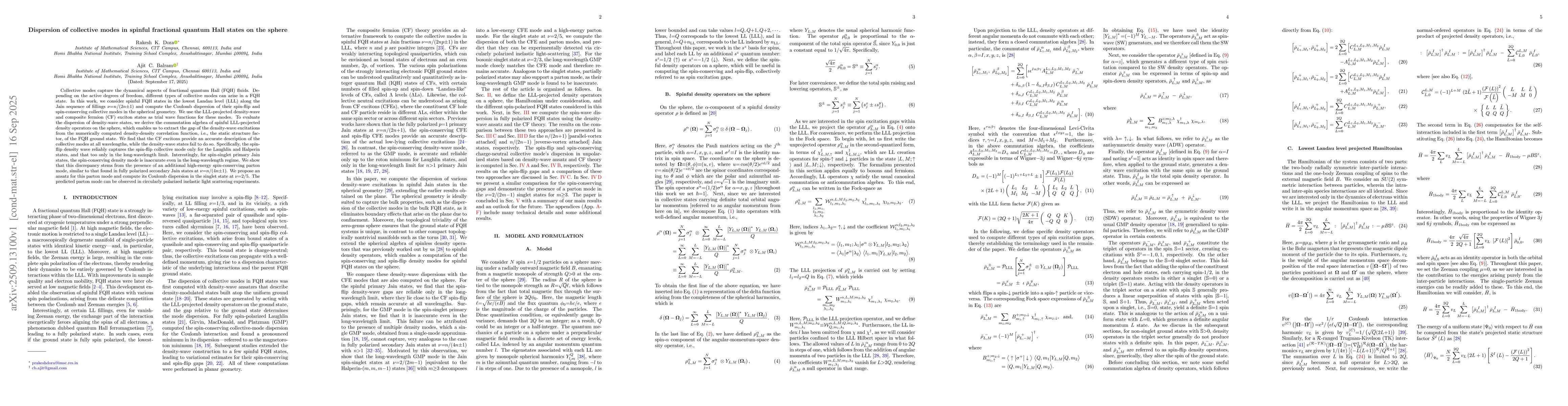 Thumbnail for Dispersion of collective modes in spinful fractional quantum Hall states
  on the sphere
