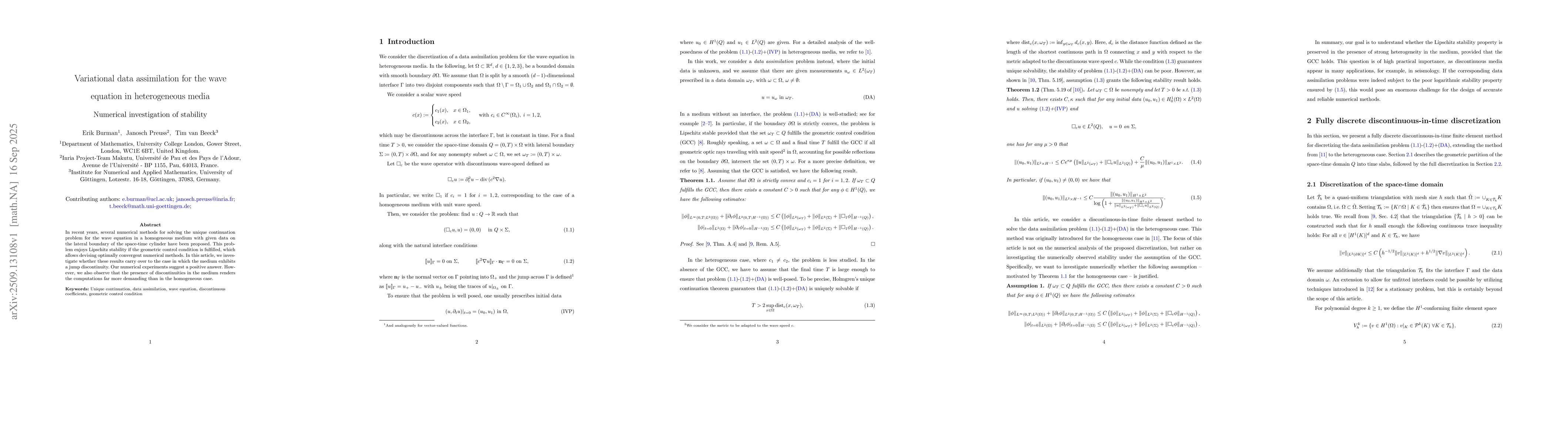 Thumbnail for Variational data assimilation for the wave equation in heterogeneous
  media: Numerical investigation of stability