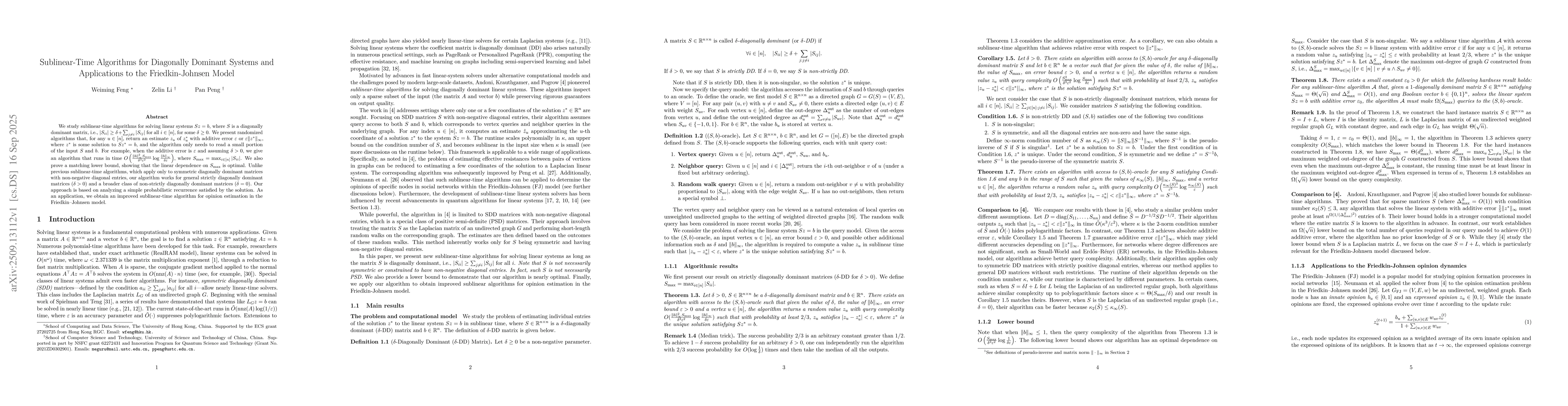 Thumbnail for Sublinear-Time Algorithms for Diagonally Dominant Systems and
  Applications to the Friedkin-Johnsen Model