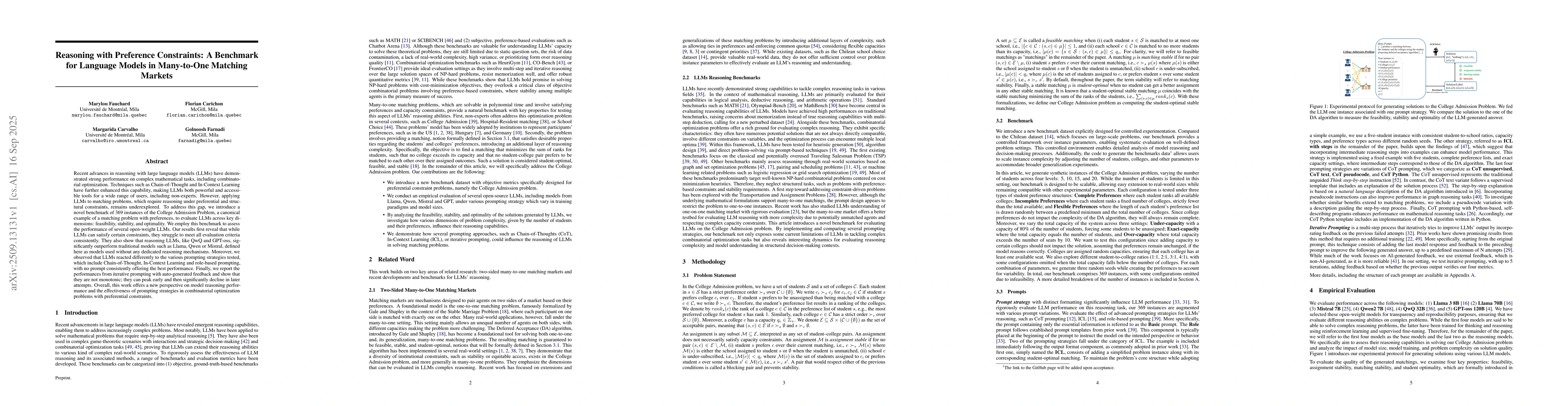 Thumbnail for Reasoning with Preference Constraints: A Benchmark for Language Models
  in Many-to-One Matching Markets