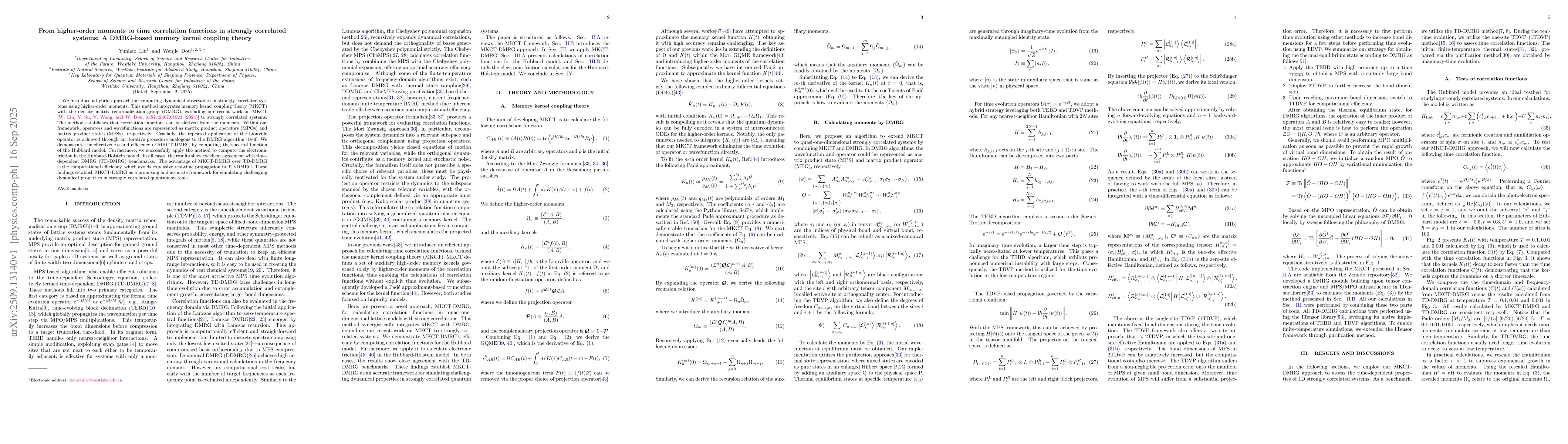 Thumbnail for From higher-order moments to time correlation functions in strongly
  correlated systems: A DMRG-based memory kernel coupling theory