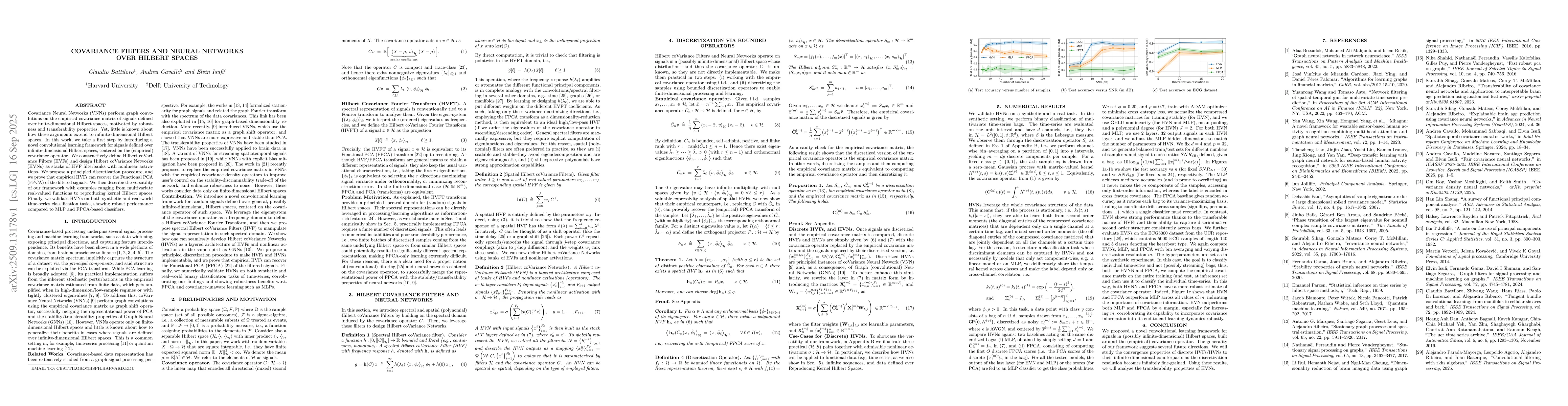 Thumbnail for CoVariance Filters and Neural Networks over Hilbert Spaces
