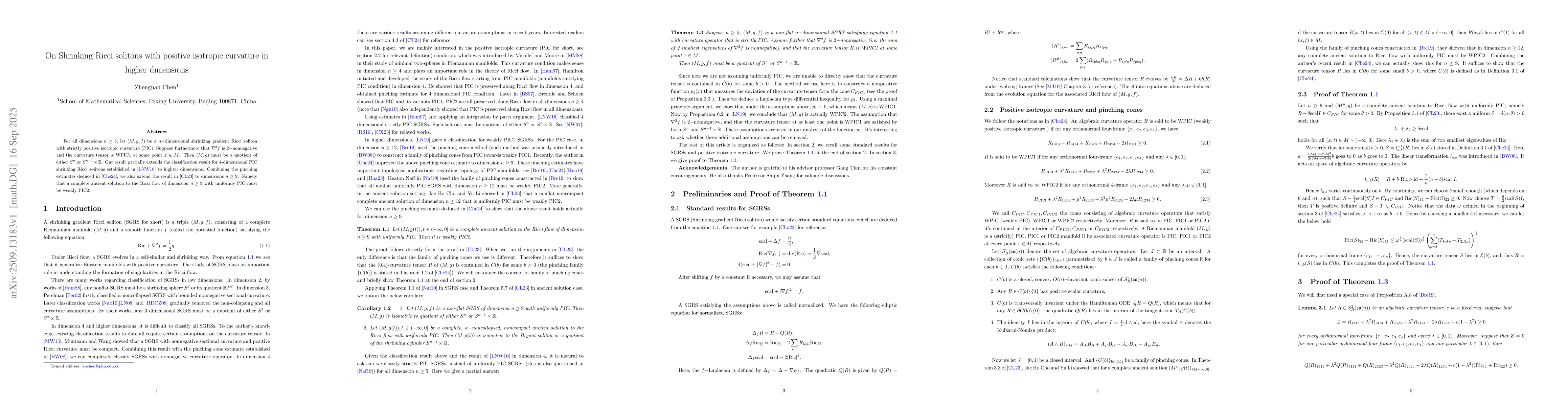 Thumbnail for On Shrinking Ricci solitons with positive isotropic curvature in higher
  dimensions