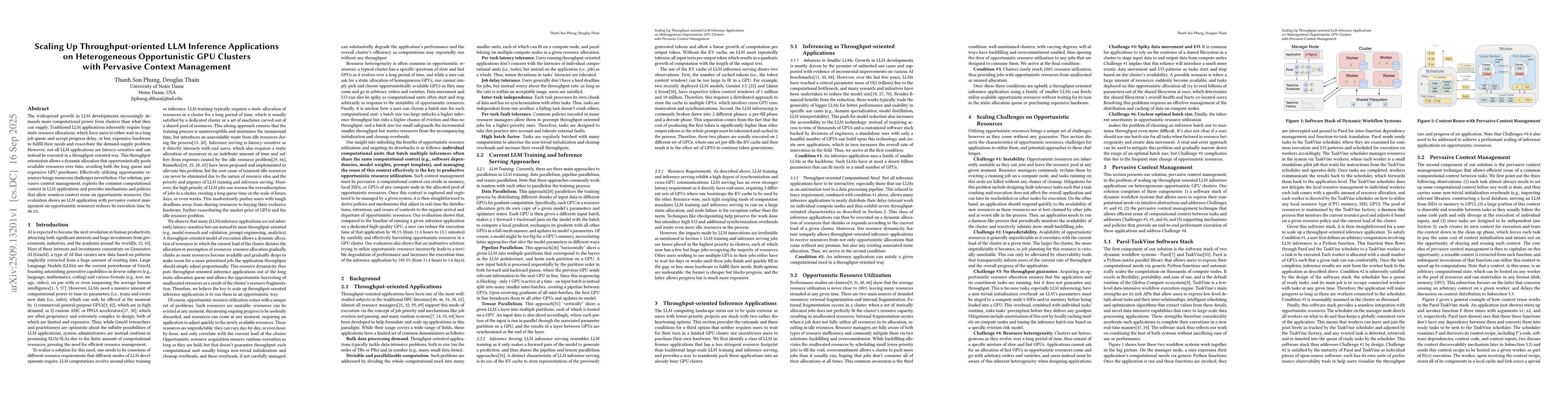 Thumbnail for Scaling Up Throughput-oriented LLM Inference Applications on
  Heterogeneous Opportunistic GPU Clusters with Pervasive Context Management