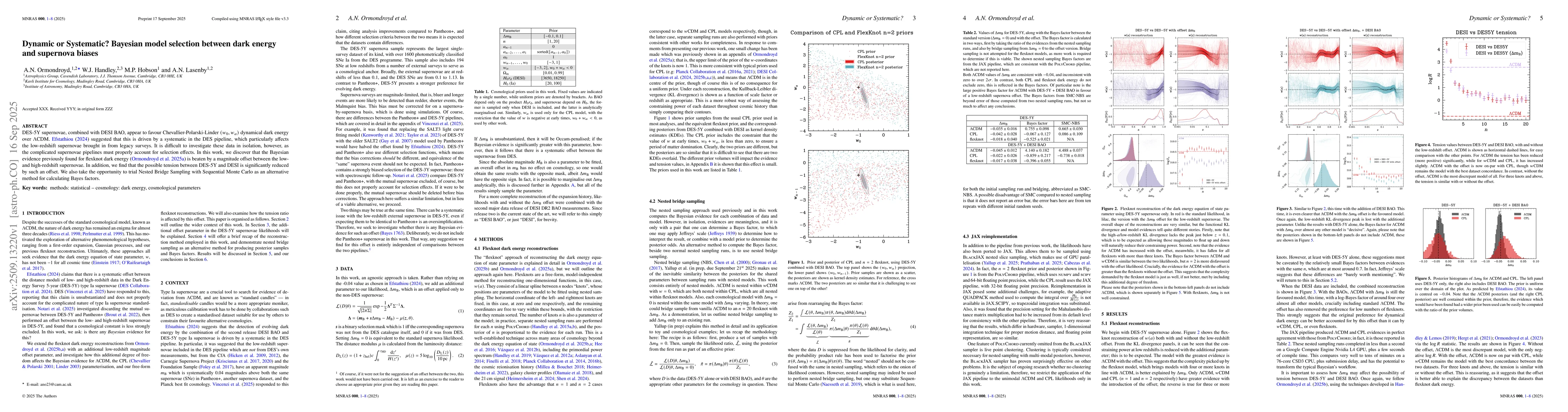 Thumbnail for Dynamic or Systematic? Bayesian model selection between dark energy and
  supernova biases