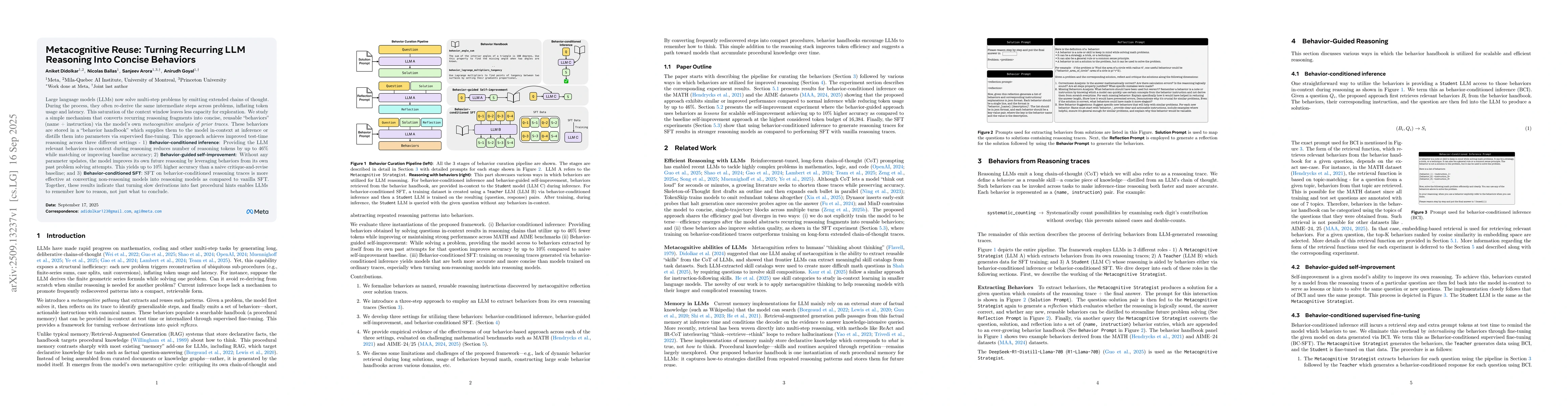 Thumbnail for Metacognitive Reuse: Turning Recurring LLM Reasoning Into Concise
  Behaviors