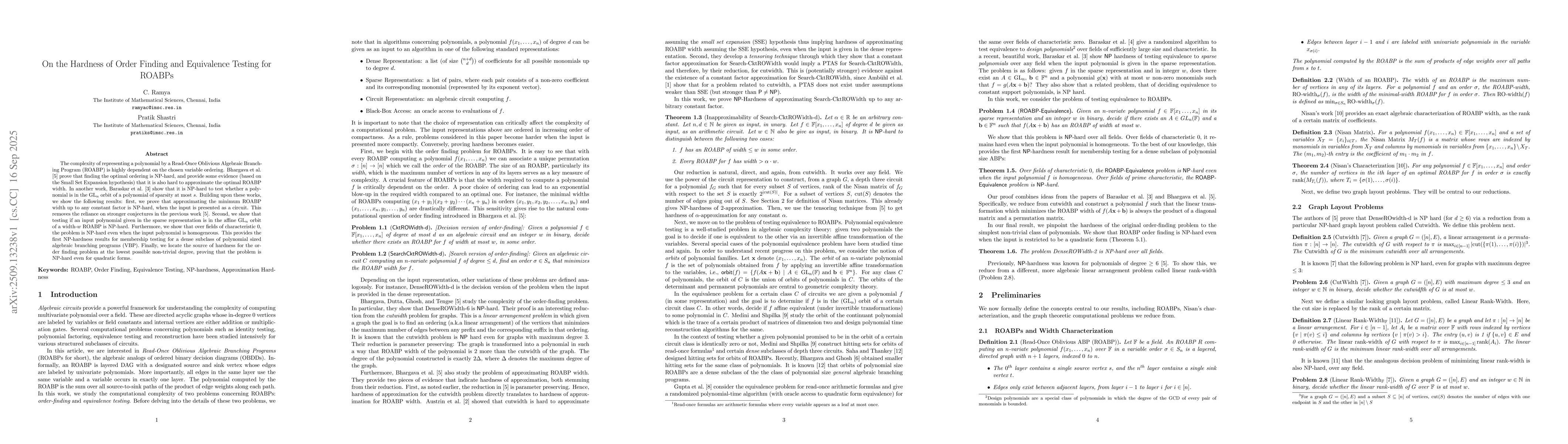 Thumbnail for On the Hardness of Order Finding and Equivalence Testing for ROABPs