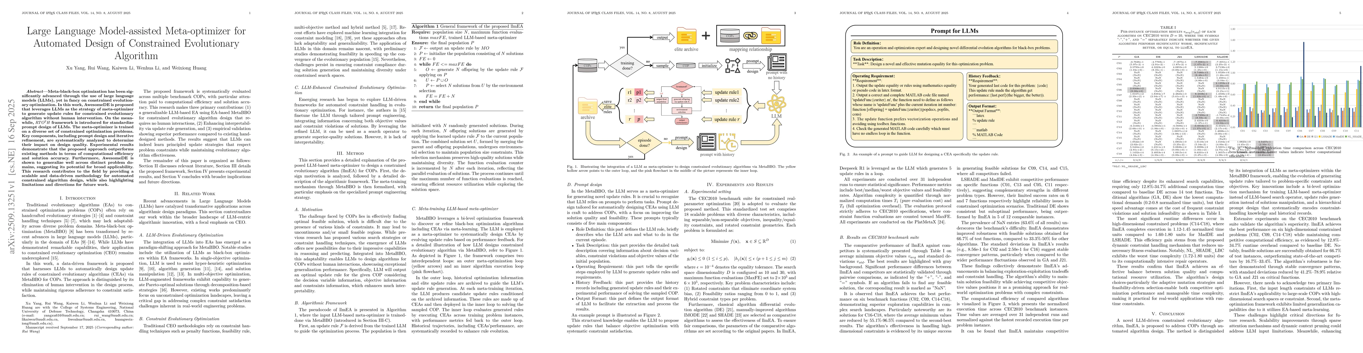 Thumbnail for Large Language Model-assisted Meta-optimizer for Automated Design of
  Constrained Evolutionary Algorithm