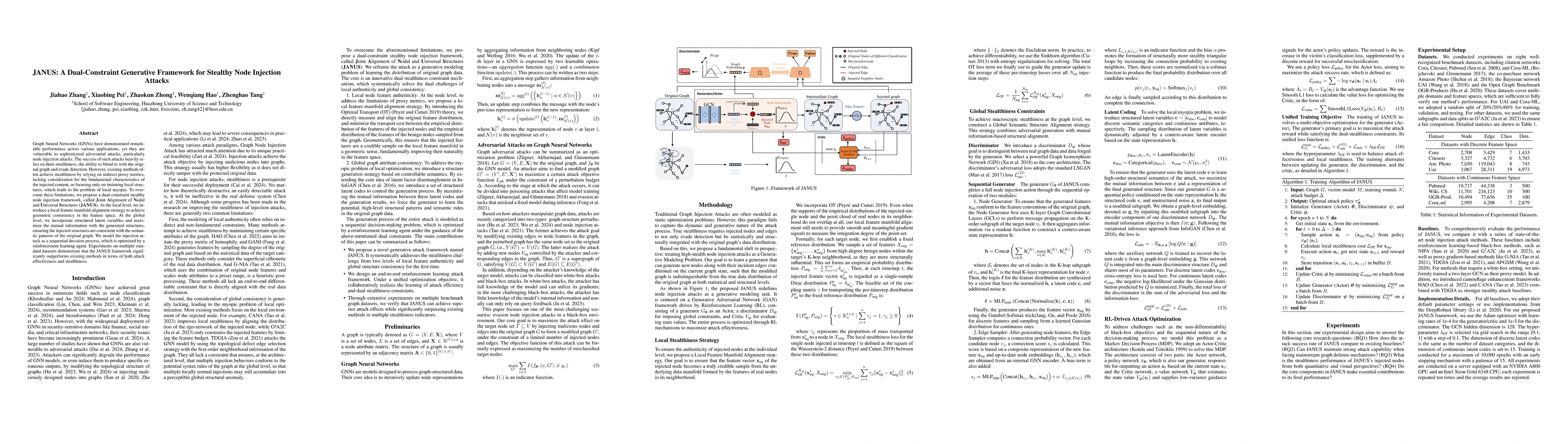 Thumbnail for JANUS: A Dual-Constraint Generative Framework for Stealthy Node
  Injection Attacks