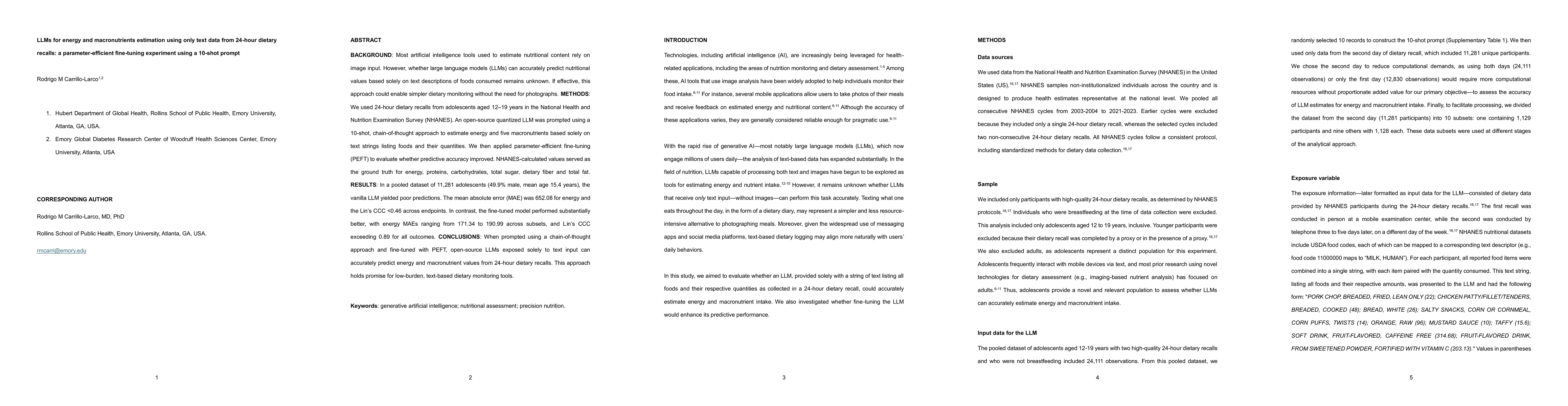 Thumbnail for LLMs for energy and macronutrients estimation using only text data from
  24-hour dietary recalls: a parameter-efficient fine-tuning experiment using a
  10-shot prompt
