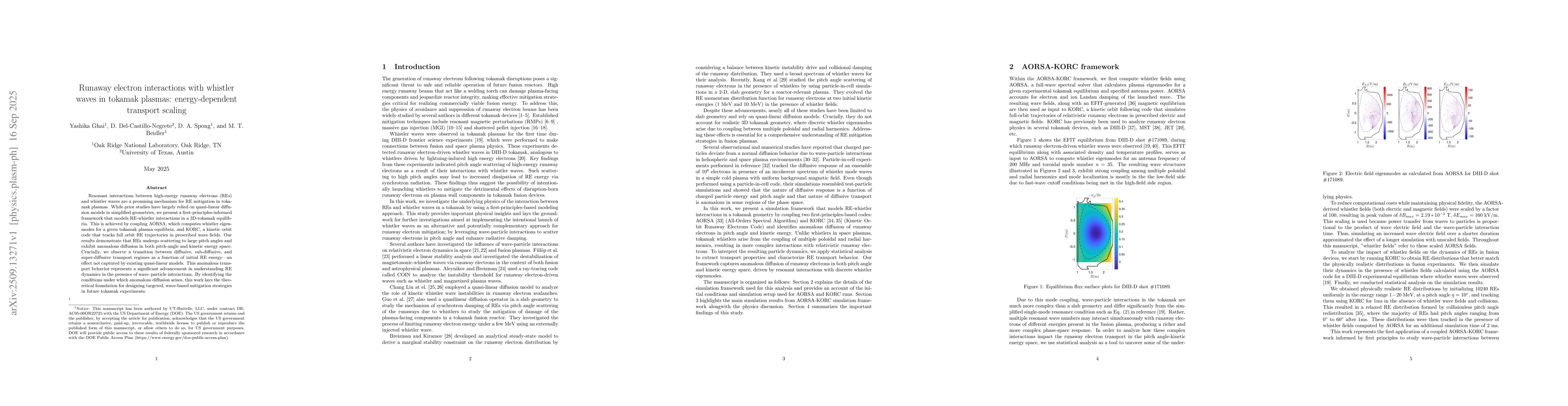 Thumbnail for Runaway electron interactions with whistler waves in tokamak plasmas:
  energy-dependent transport scaling