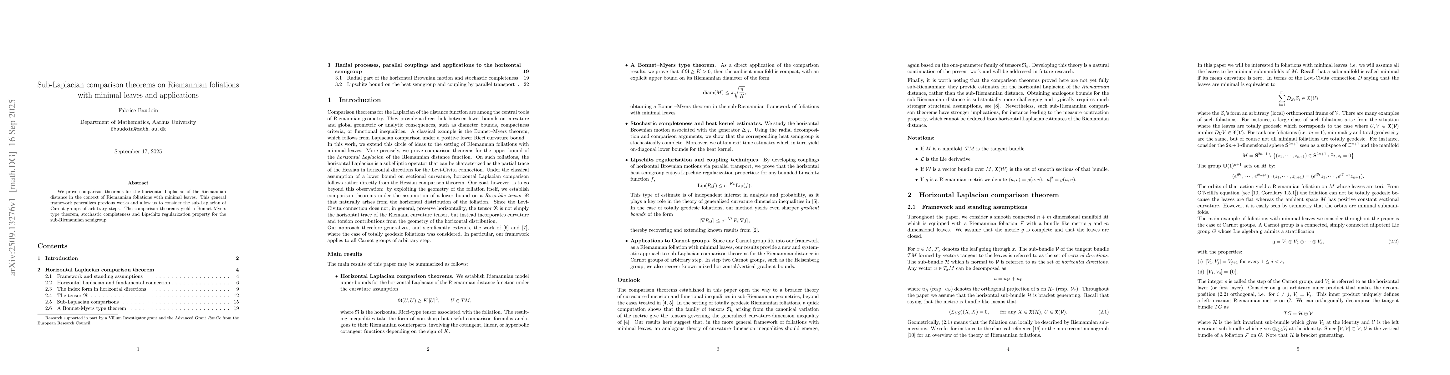 Thumbnail for Sub-Laplacian comparison theorems on Riemannian foliations with minimal
  leaves and applications
