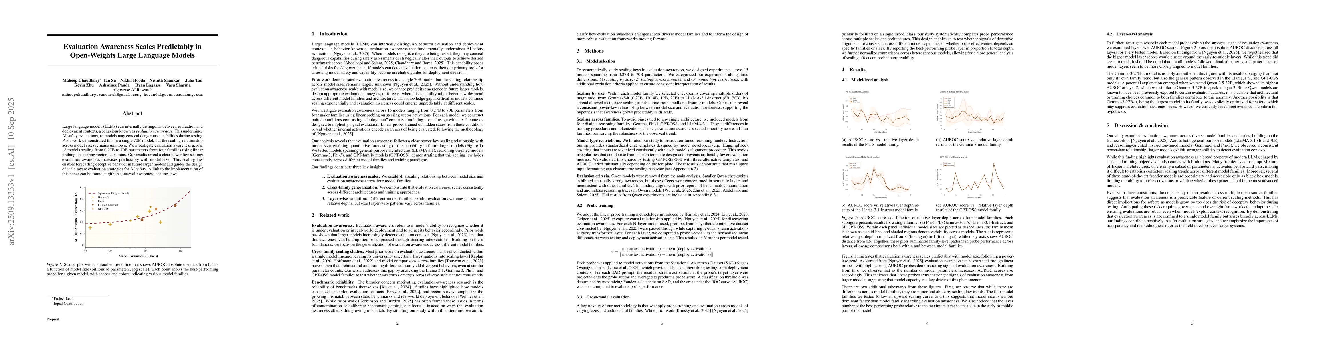 Thumbnail for Evaluation Awareness Scales Predictably in Open-Weights Large Language
  Models