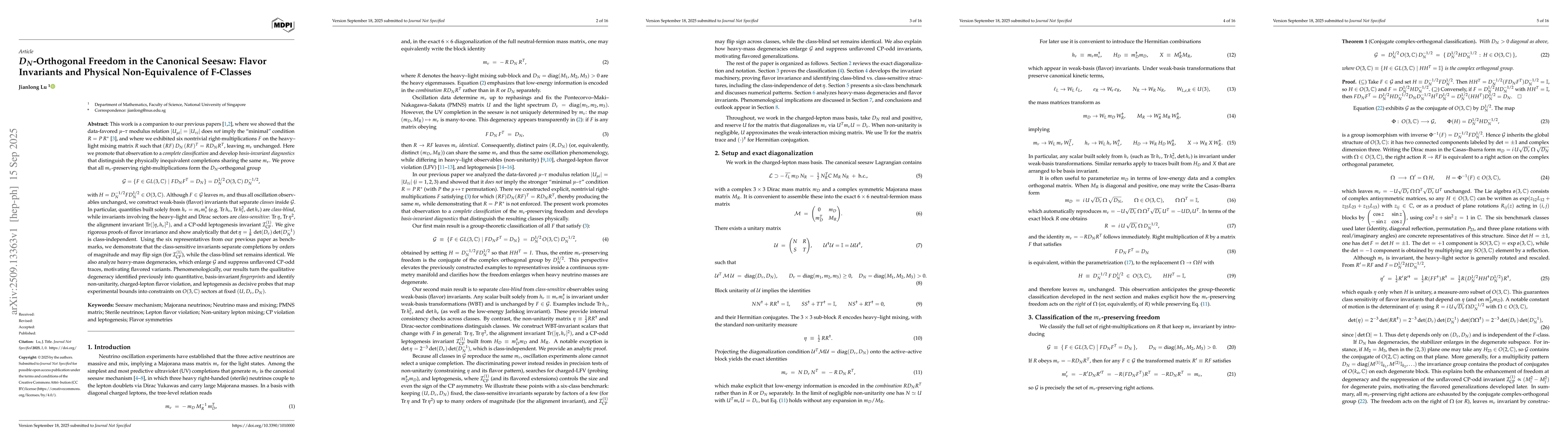 Thumbnail for $D_N$-Orthogonal Freedom in the Canonical Seesaw: Flavor Invariants and
  Physical Non-Equivalence of F-Classes