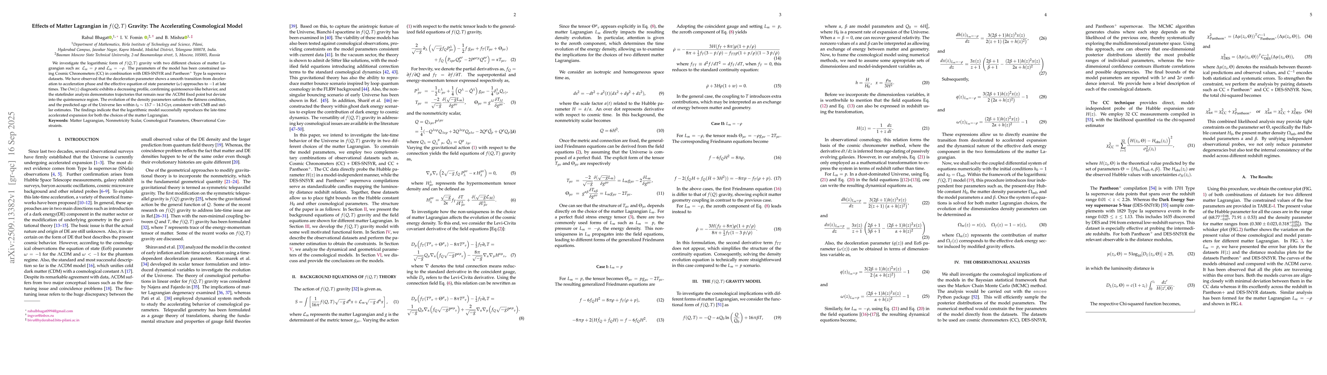 Thumbnail for Effects of Matter Lagrangian in f(Q,T) Gravity: The Accelerating
  Cosmological Model