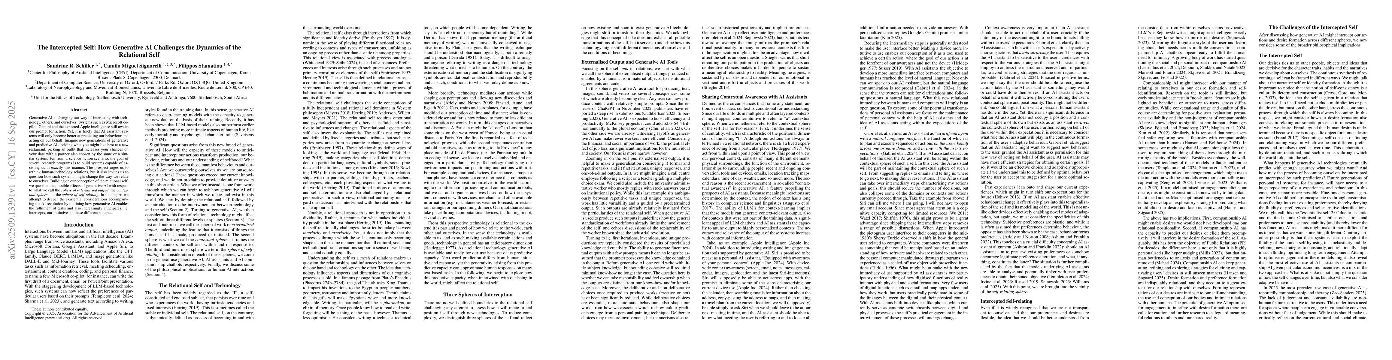 Thumbnail for The Intercepted Self: How Generative AI Challenges the Dynamics of the
  Relational Self