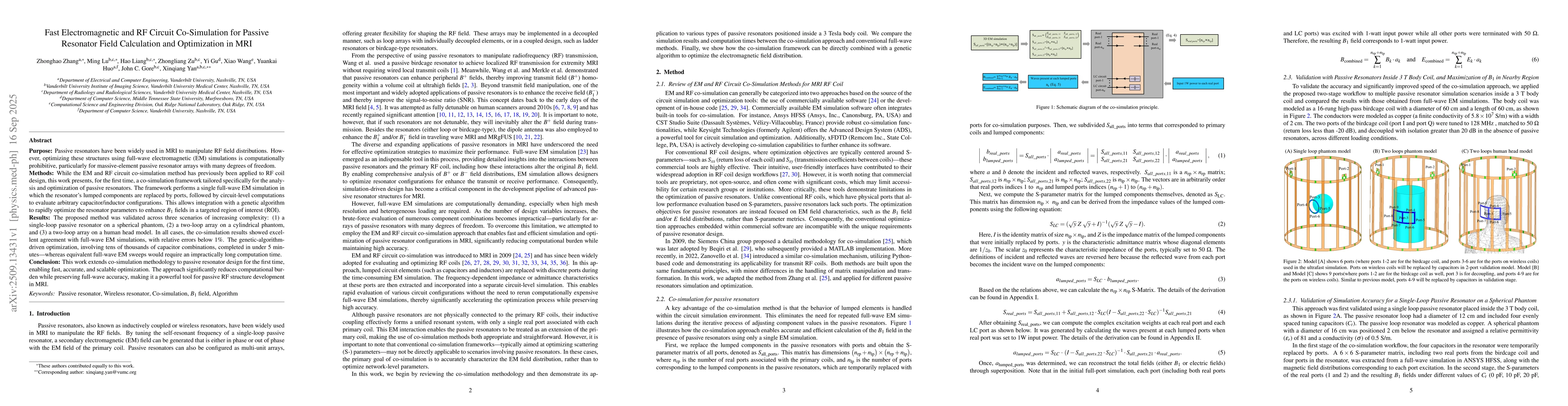 Thumbnail for Fast Electromagnetic and RF Circuit Co-Simulation for Passive Resonator
  Field Calculation and Optimization in MRI