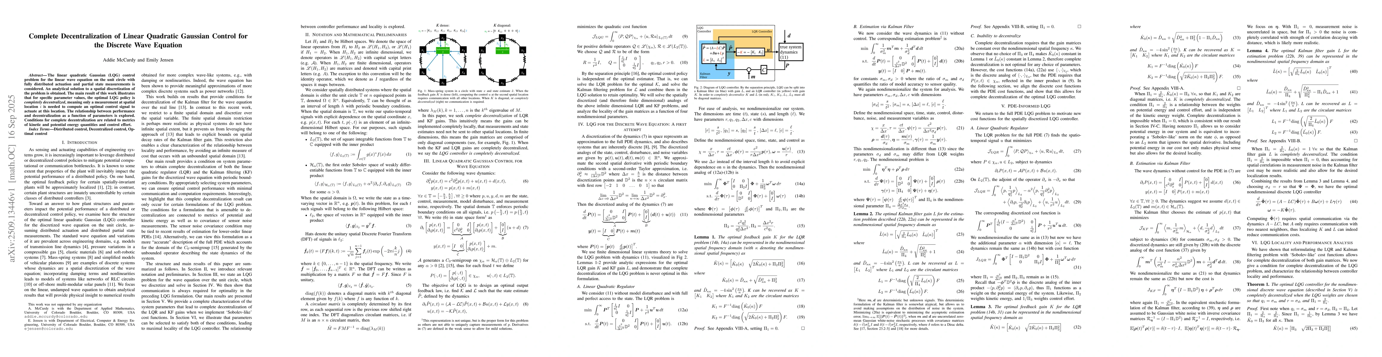Thumbnail for Complete Decentralization of Linear Quadratic Gaussian Control for the
  Discrete Wave Equation