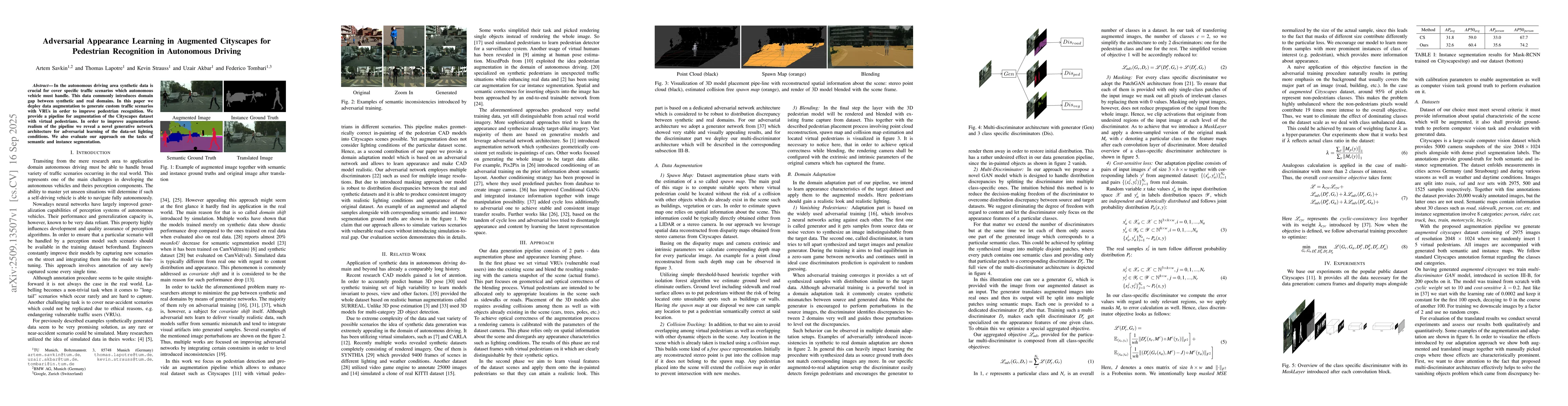Thumbnail for Adversarial Appearance Learning in Augmented Cityscapes for Pedestrian
  Recognition in Autonomous Driving