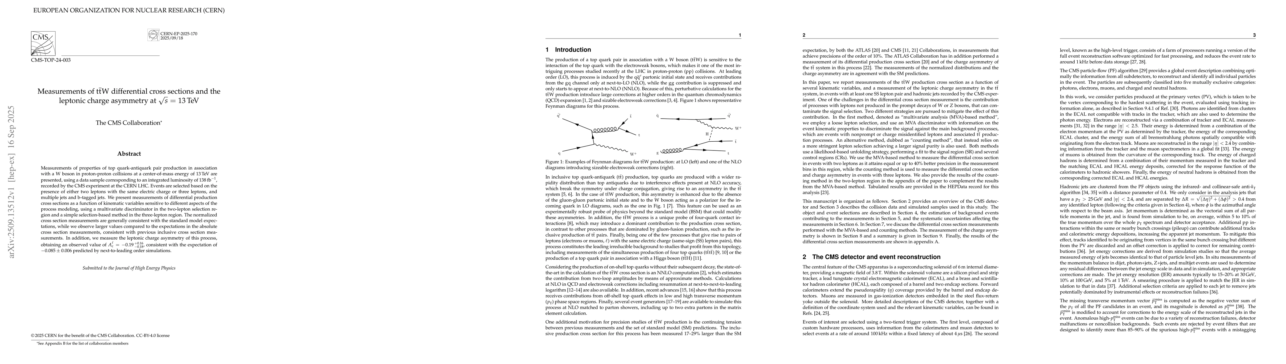 Thumbnail for Measurements of ttW differential cross sections and the leptonic charge
  asymmetry at $\sqrt{s}$ = 13 TeV