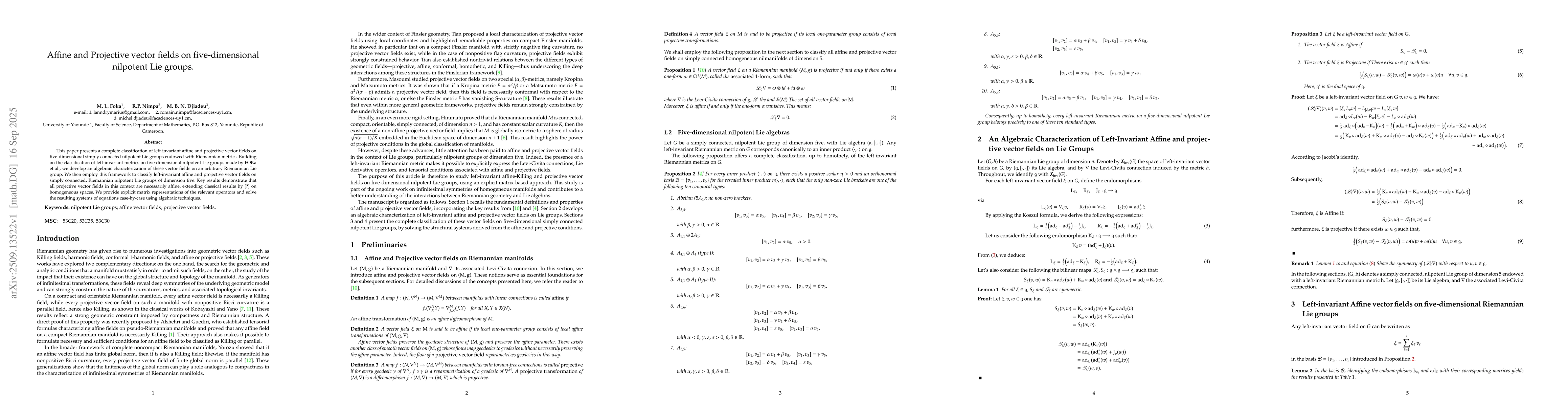 Thumbnail for Affine and Projective vector fields on five-dimensional nilpotent Lie
  groups
