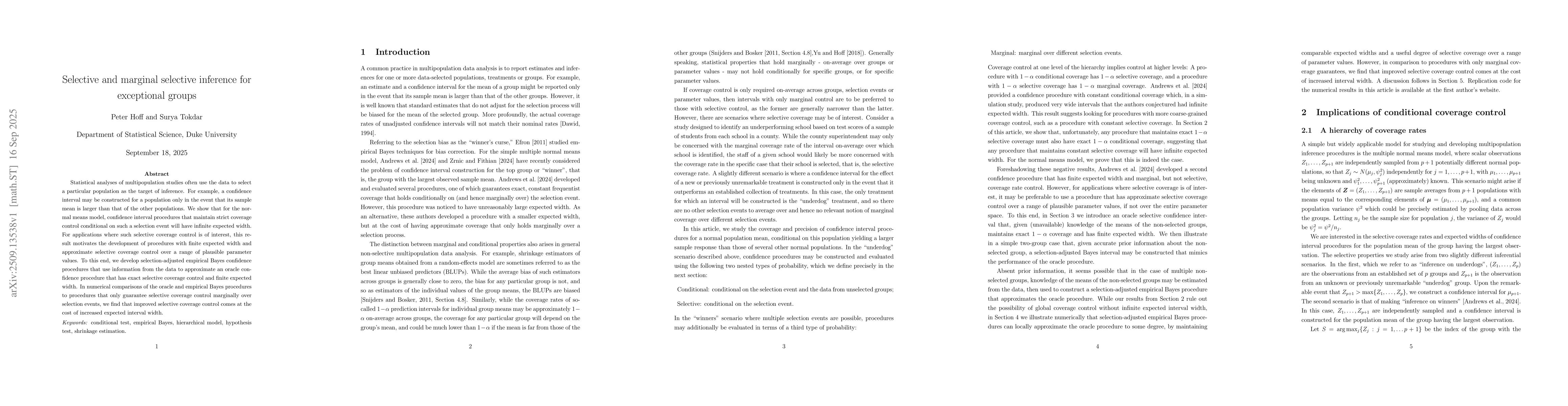 Thumbnail for Selective and marginal selective inference for exceptional groups