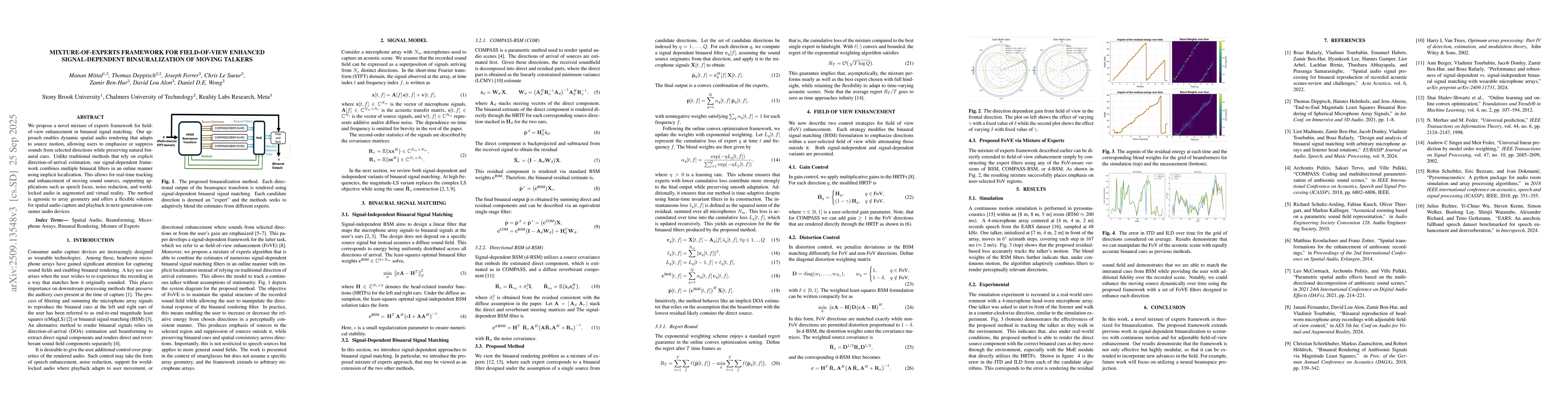 Thumbnail for Field of View Enhanced Signal Dependent Binauralization with Mixture of
  Experts Framework for Continuous Source Motion