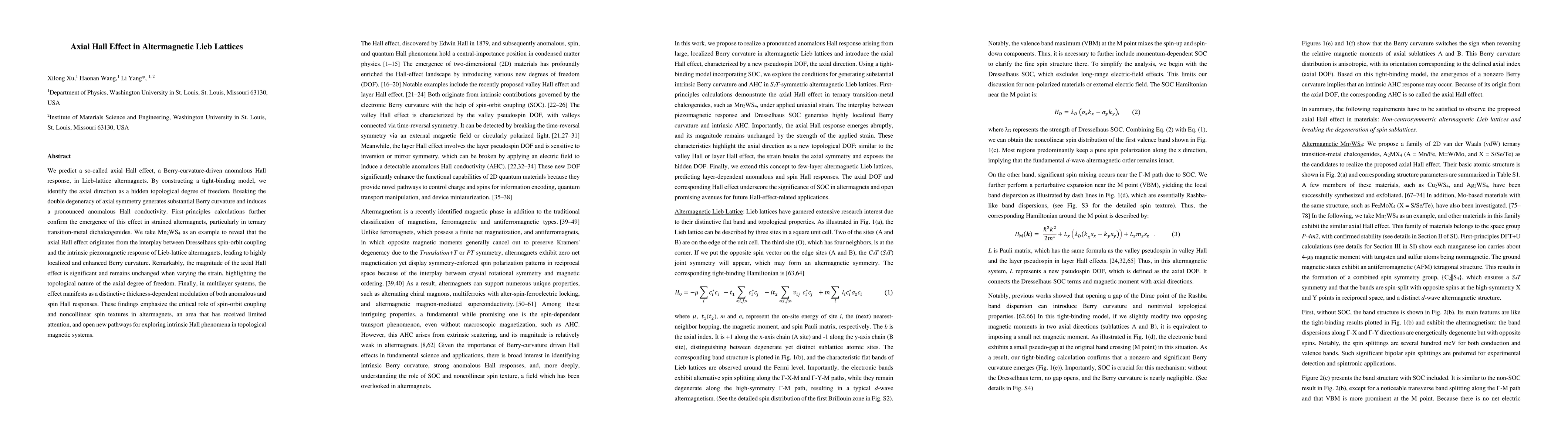 Thumbnail for Axial Hall Effect in Altermagnetic Lieb Lattices
