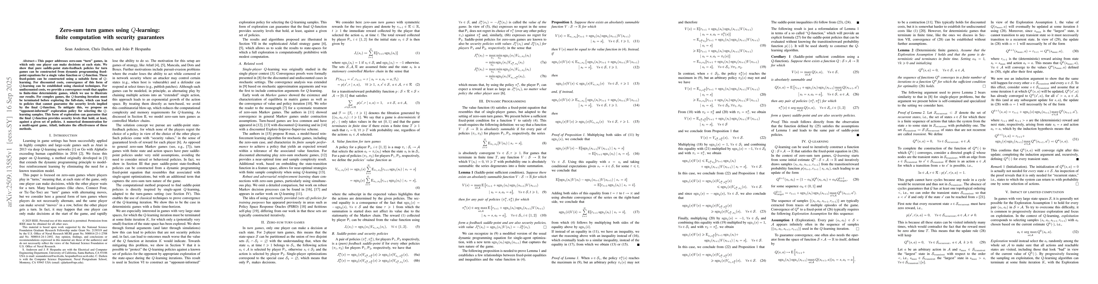 Thumbnail for Zero-sum turn games using Q-learning: finite computation with security
  guarantees
