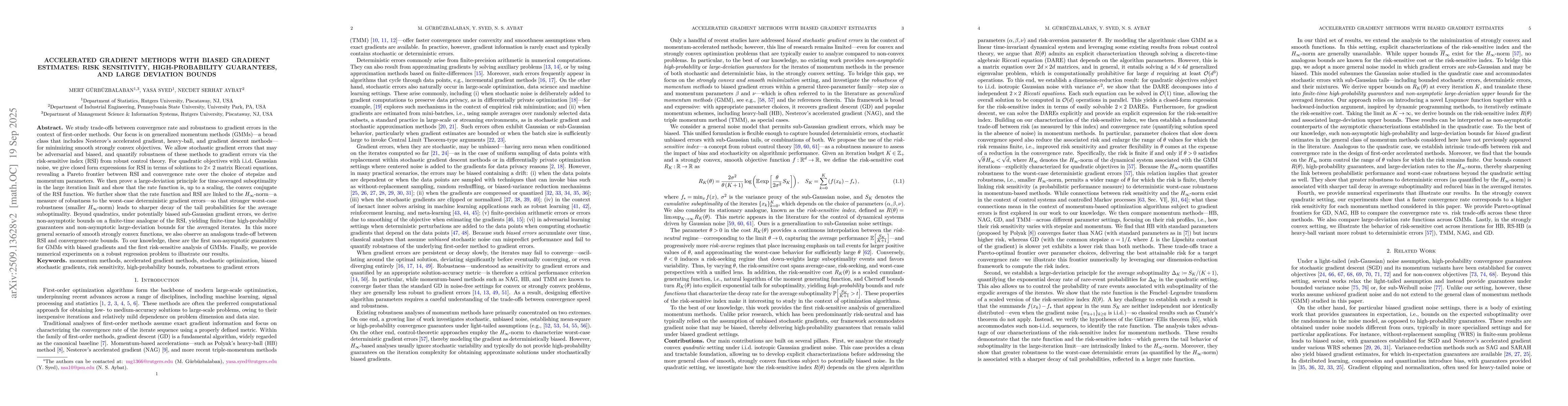Thumbnail for Accelerated Gradient Methods with Biased Gradient Estimates: Risk
  Sensitivity, High-Probability Guarantees, and Large Deviation Bounds