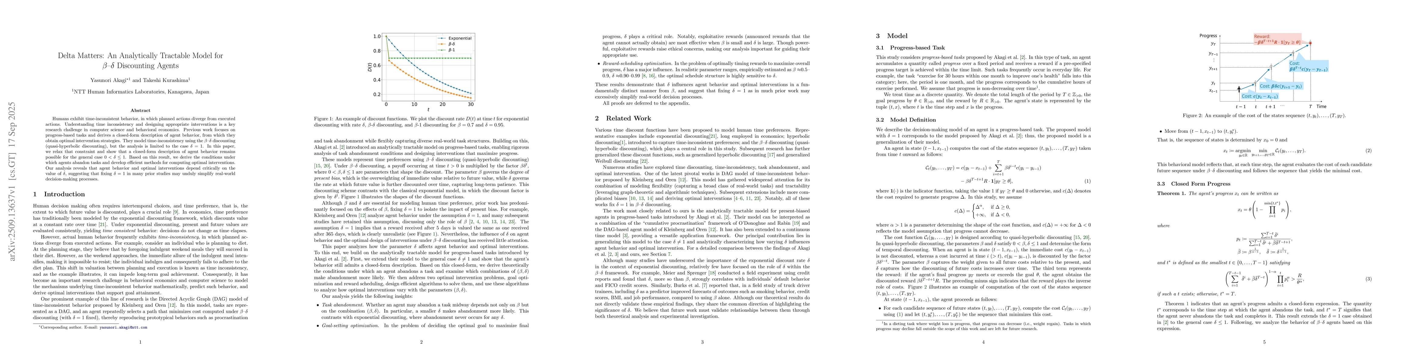 Thumbnail for Delta Matters: An Analytically Tractable Model for $β$-$δ$
  Discounting Agents