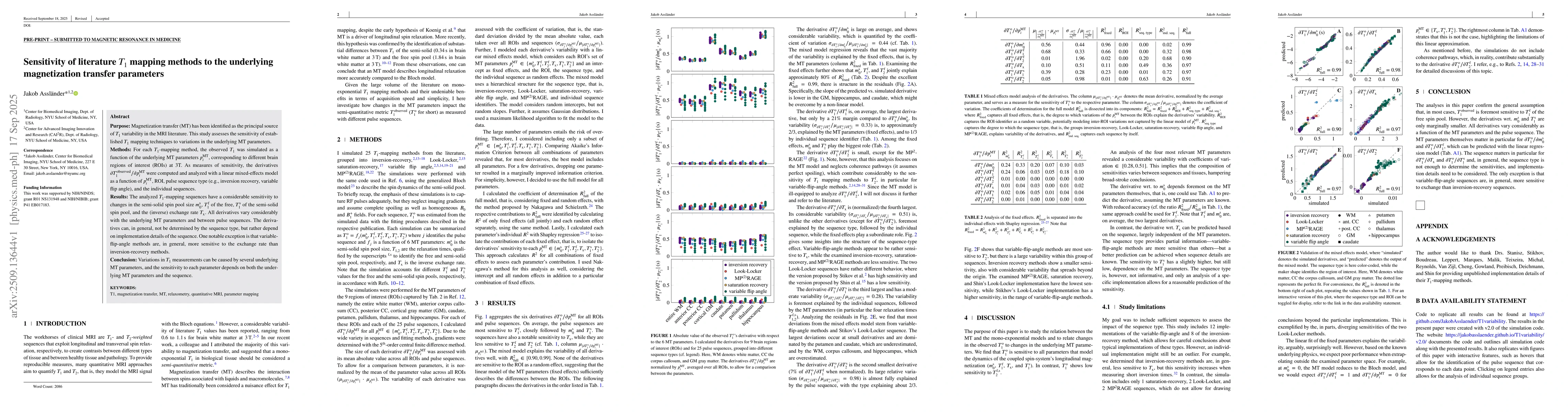 Thumbnail for Sensitivity of literature $T_1$ mapping methods to the underlying
  magnetization transfer parameters