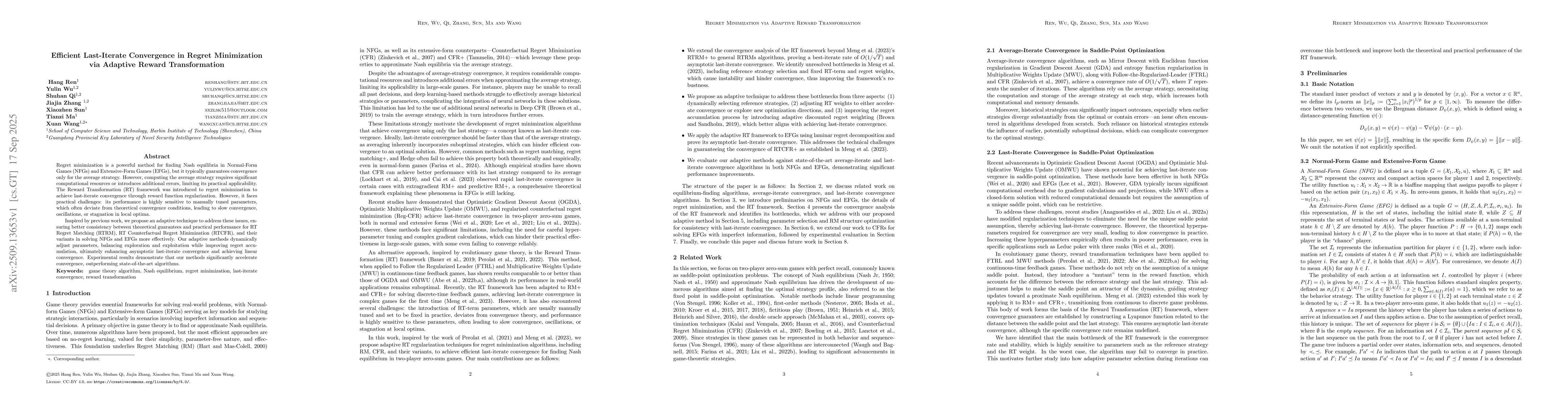 Thumbnail for Efficient Last-Iterate Convergence in Regret Minimization via Adaptive
  Reward Transformation
