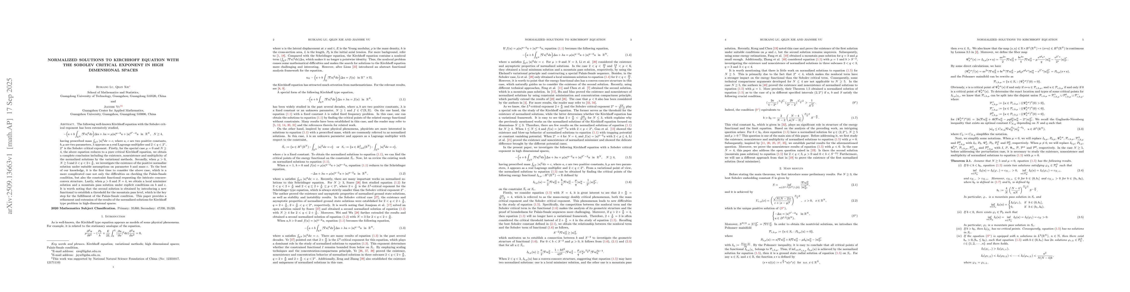 Thumbnail for Normalized solutions to Kirchhoff equation with the Sobolev critical
  exponent in high dimensional spaces