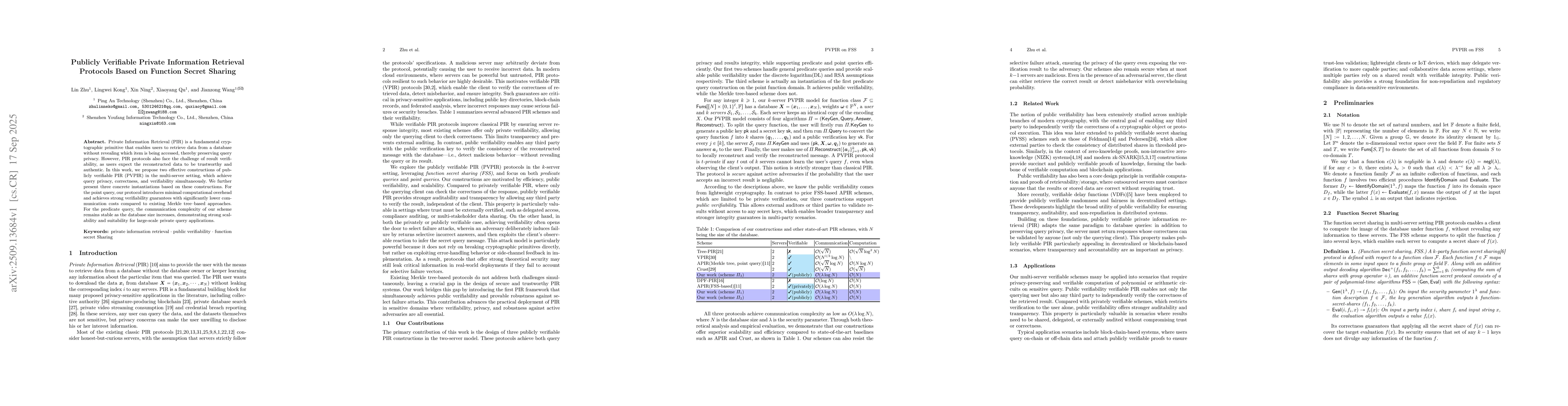 Thumbnail for Publicly Verifiable Private Information Retrieval Protocols Based on
  Function Secret Sharing