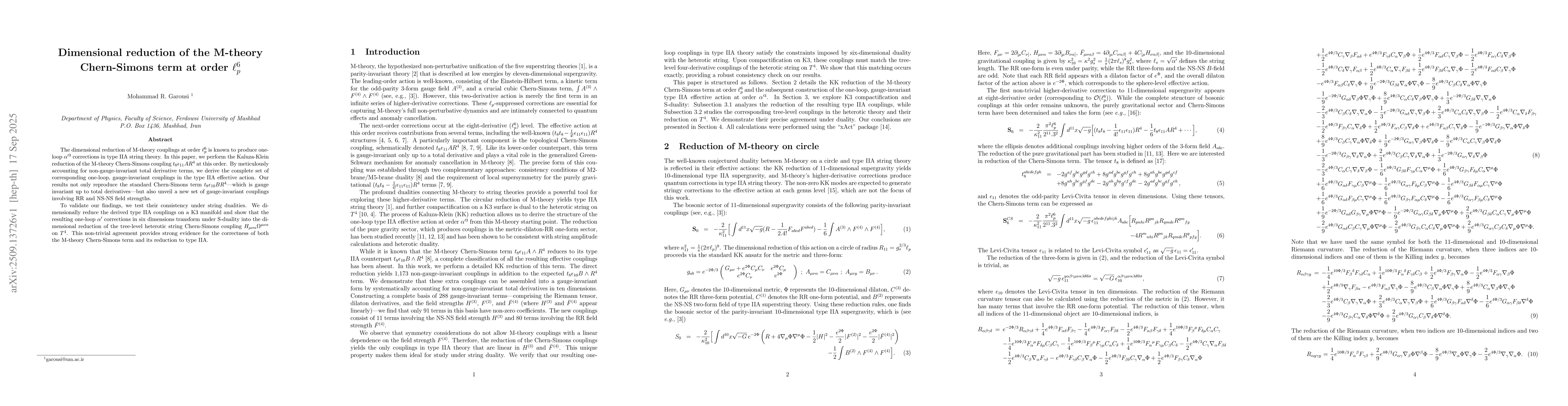 Thumbnail for Dimensional reduction of the M-theory Chern-Simons term at order
  $\ell_p^6$
