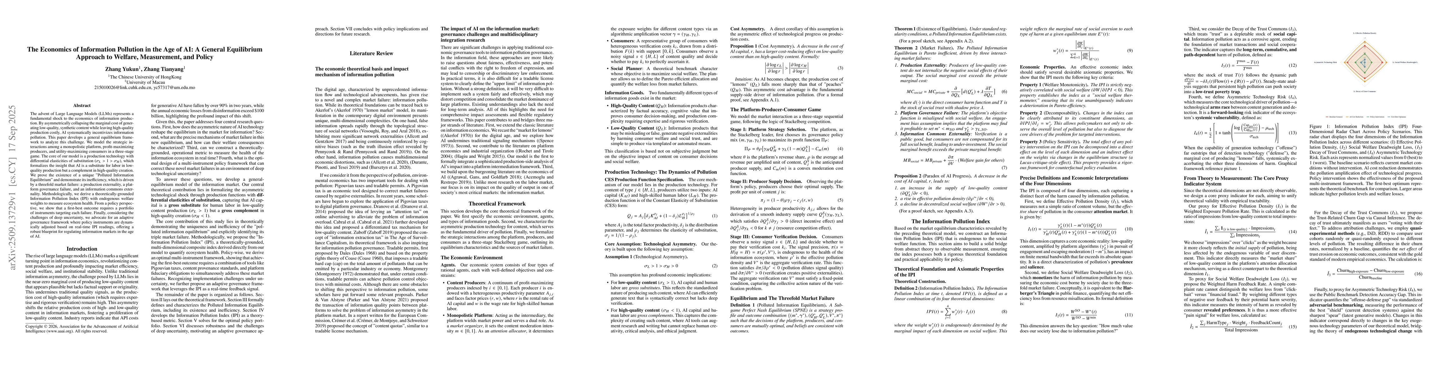 Thumbnail for The Economics of Information Pollution in the Age of AI: A General
  Equilibrium Approach to Welfare, Measurement, and Policy