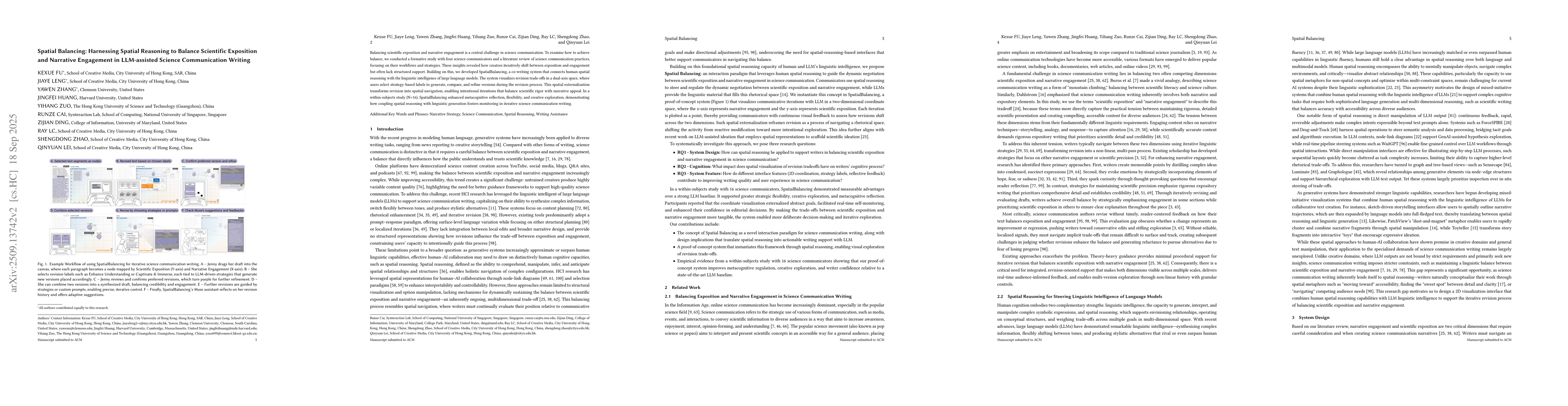 Thumbnail for Spatial Balancing: Harnessing Spatial Reasoning to Balance Scientific
  Exposition and Narrative Engagement in LLM-assisted Science Communication
  Writing
