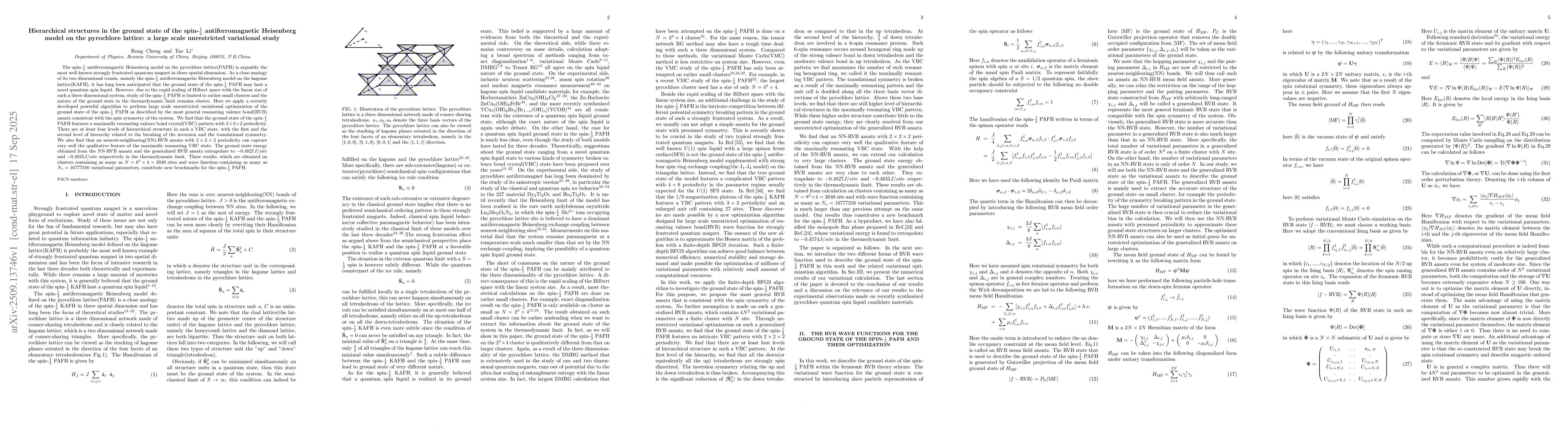 Thumbnail for Hierarchical structures in the ground state of the spin-$\frac{1}{2}$
  antiferromagnetic Heisenberg model on the pyrochlore lattice: a large scale
  unrestricted variational study