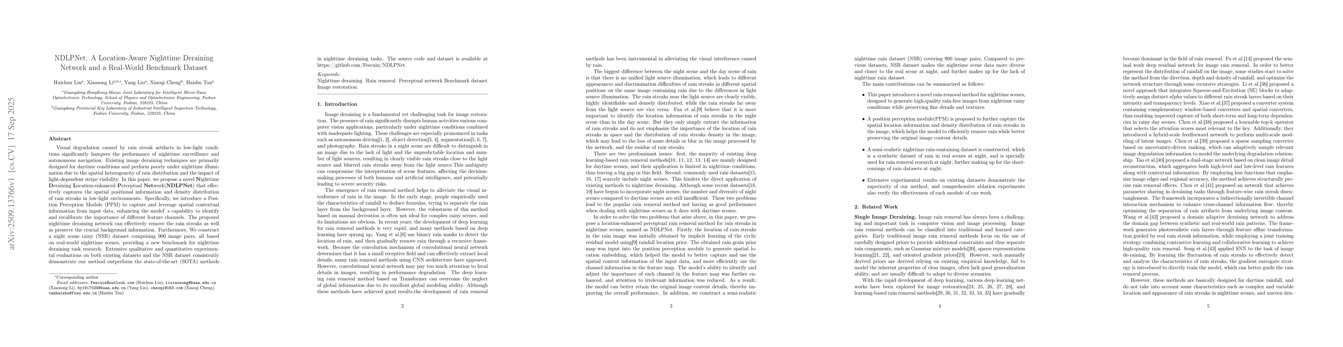 Thumbnail for NDLPNet: A Location-Aware Nighttime Deraining Network and a Real-World
  Benchmark Dataset