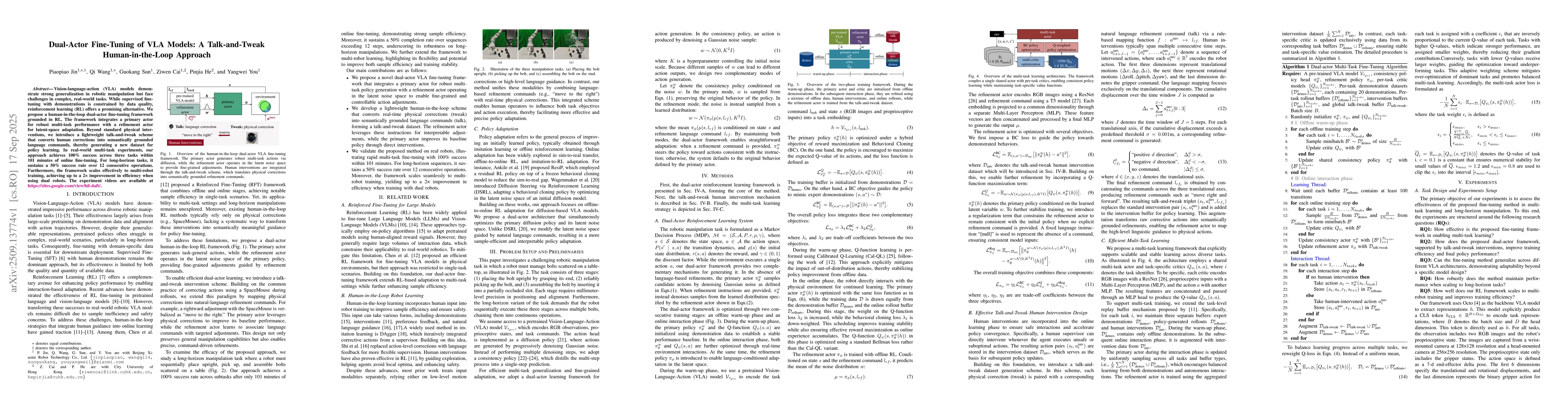 Thumbnail for Dual-Actor Fine-Tuning of VLA Models: A Talk-and-Tweak Human-in-the-Loop
  Approach