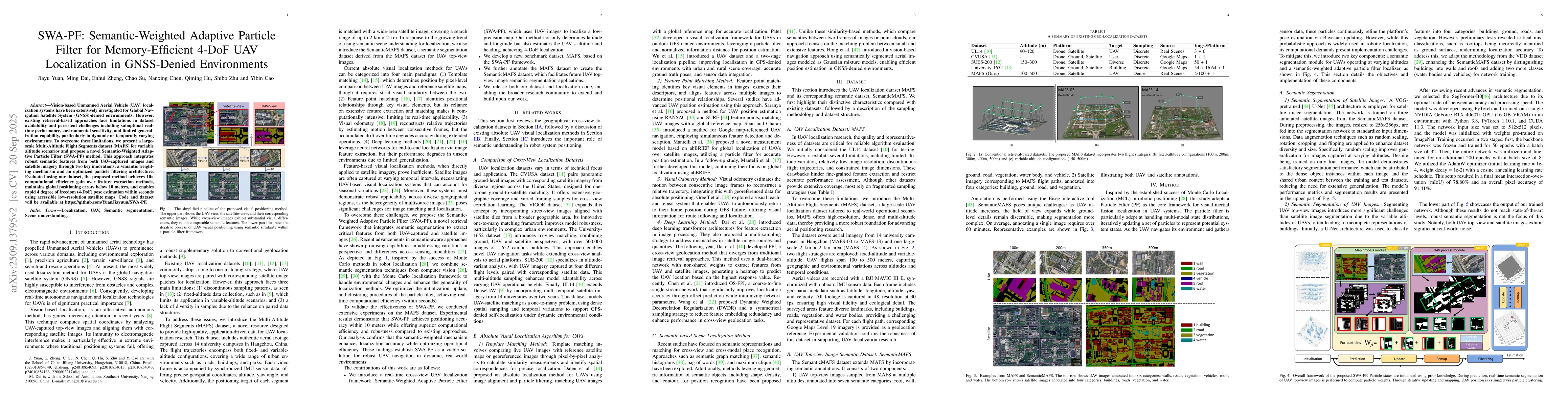 Thumbnail for SWA-PF: Semantic-Weighted Adaptive Particle Filter for Memory-Efficient
  4-DoF UAV Localization in GNSS-Denied Environments