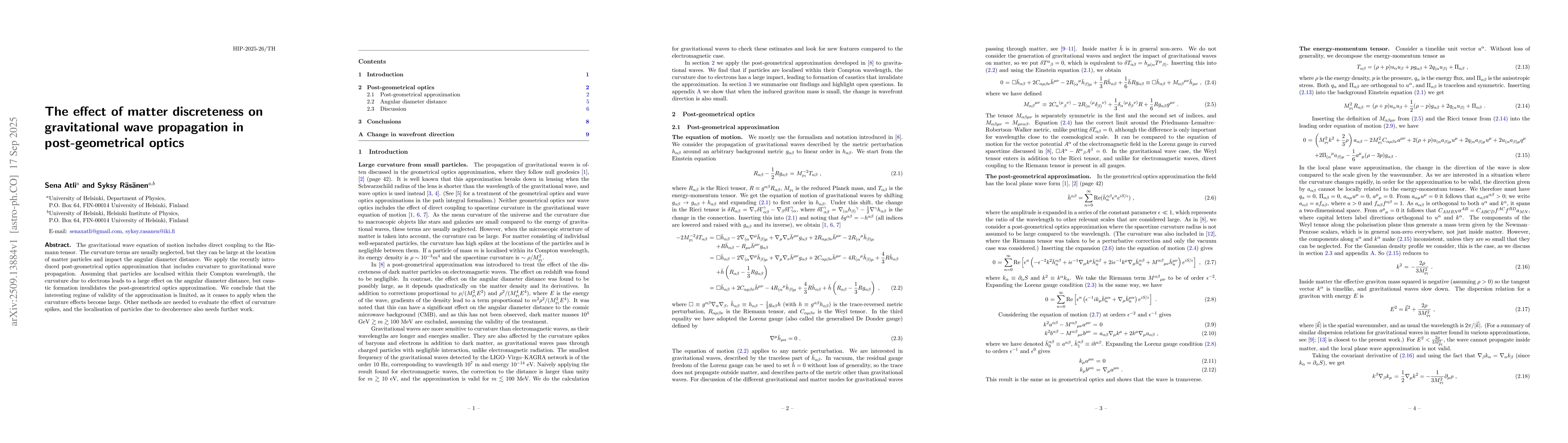 Thumbnail for The effect of matter discreteness on gravitational wave propagation in
  post-geometrical optics