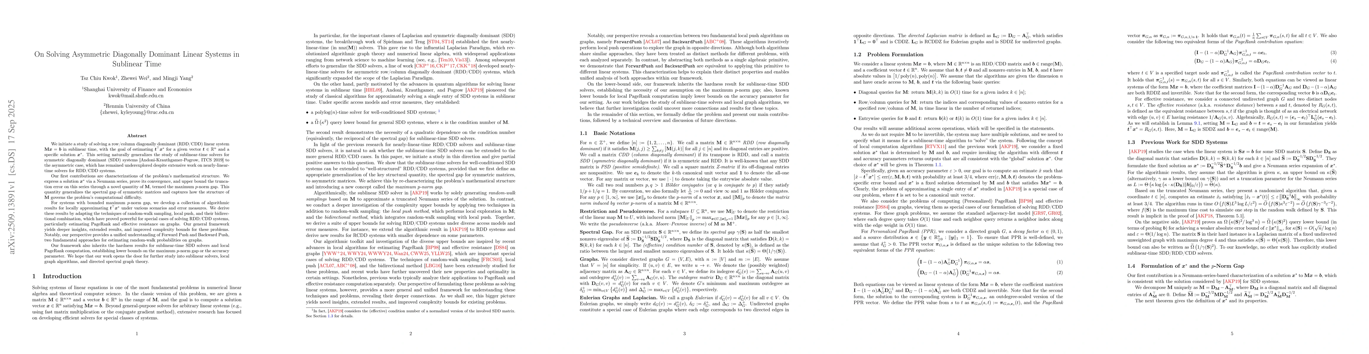 Thumbnail for On Solving Asymmetric Diagonally Dominant Linear Systems in Sublinear
  Time
